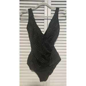 Croft & Barrow One Piece Black & Gold High Cut Swimsuit Sz 10 EUC